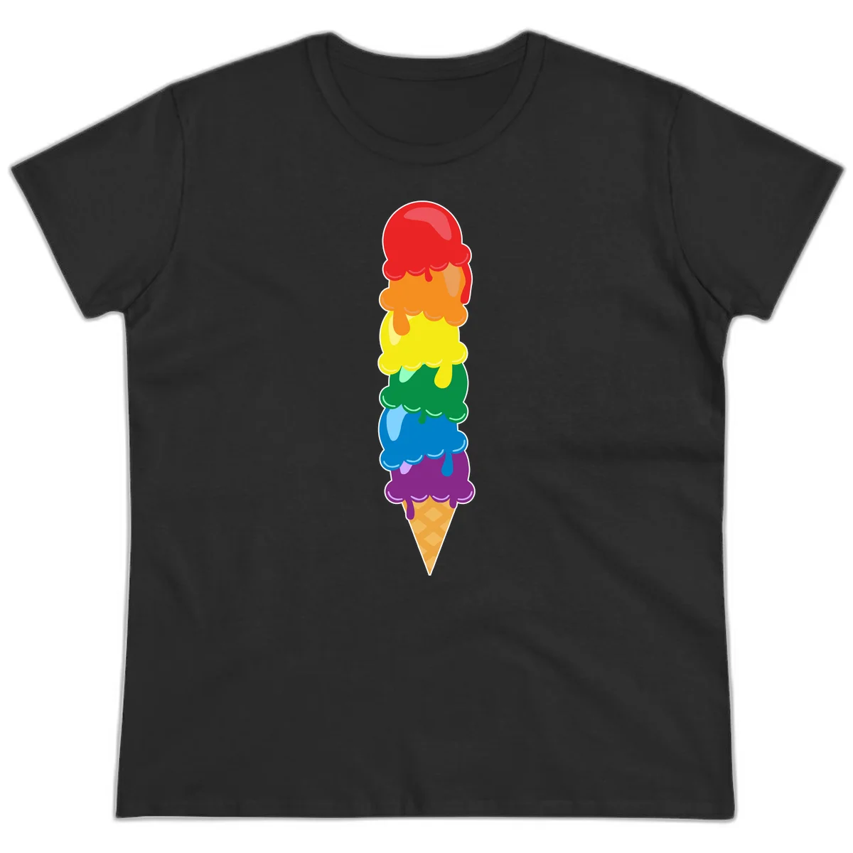 Colorful rainbow ice cream cone with six stacked scoops in pride flag colors dripping down a waffle cone in Black