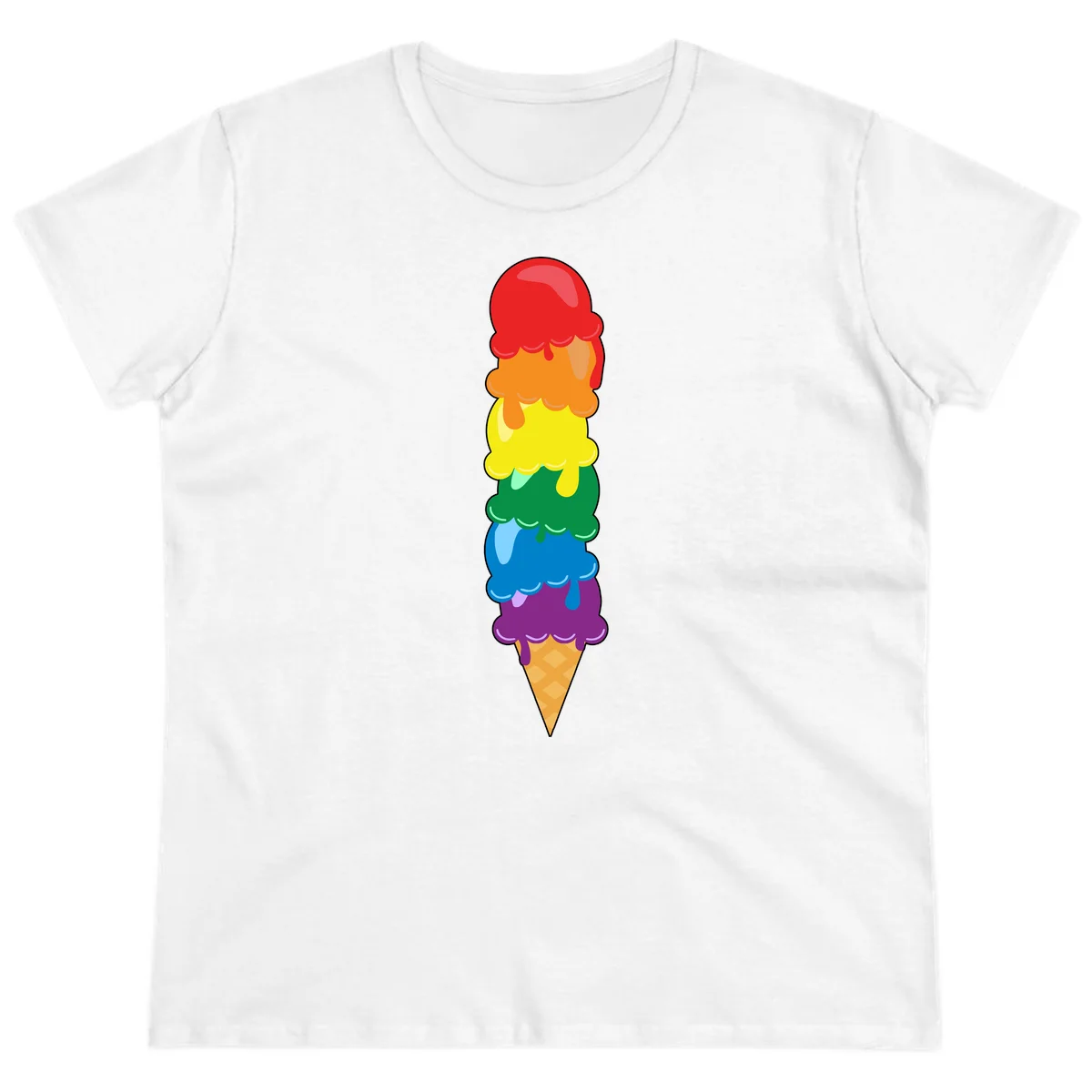 Colorful rainbow ice cream cone with six stacked scoops in pride flag colors dripping down a waffle cone in White