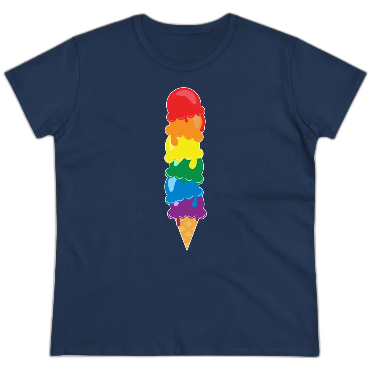 Colorful rainbow ice cream cone with six stacked scoops in pride flag colors dripping down a waffle cone in Navy