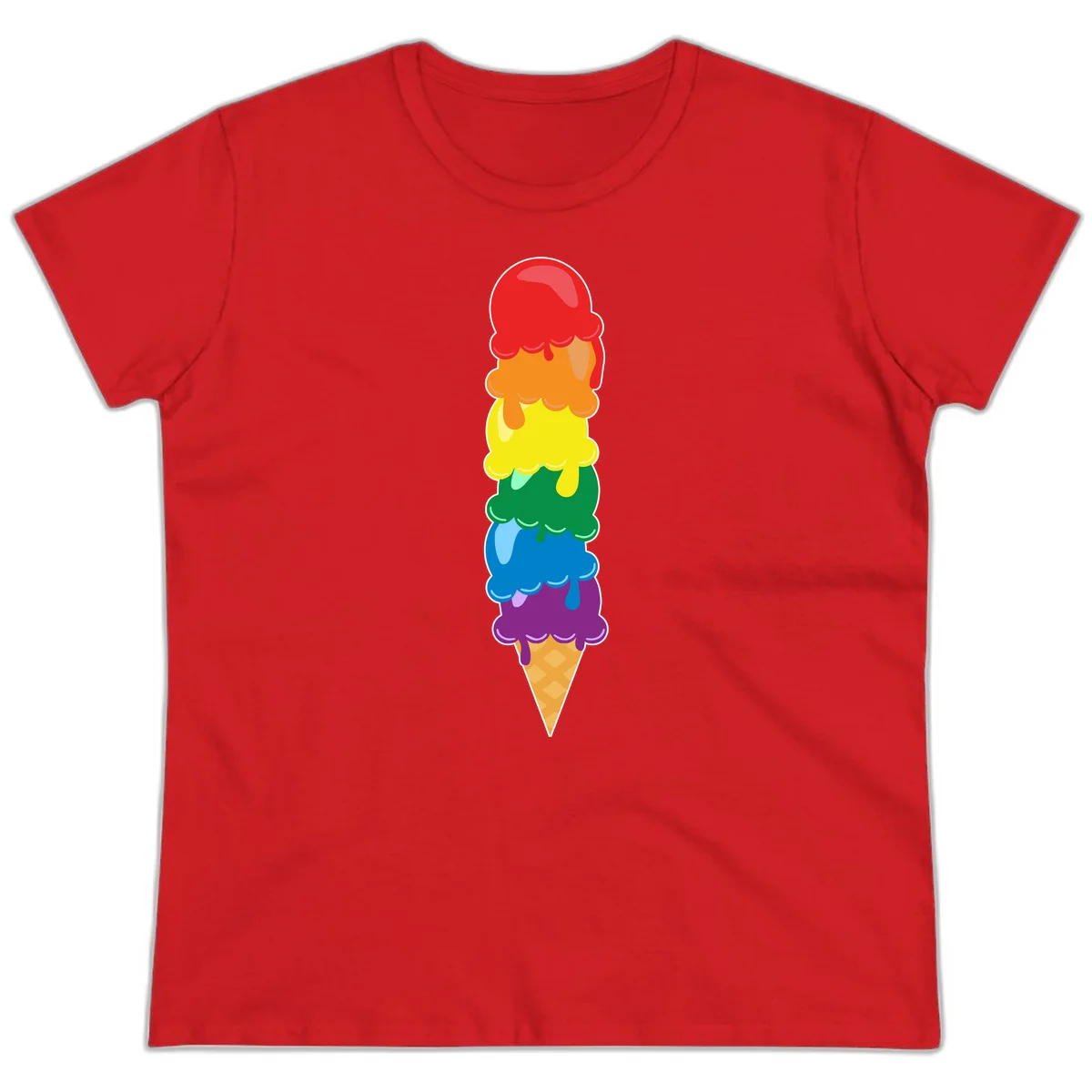 Colorful rainbow ice cream cone with six stacked scoops in pride flag colors dripping down a waffle cone in Red