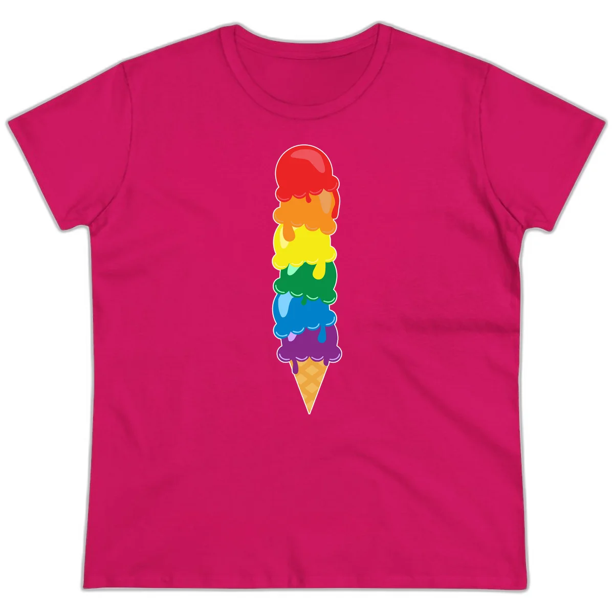 Colorful rainbow ice cream cone with six stacked scoops in pride flag colors dripping down a waffle cone in Heliconia