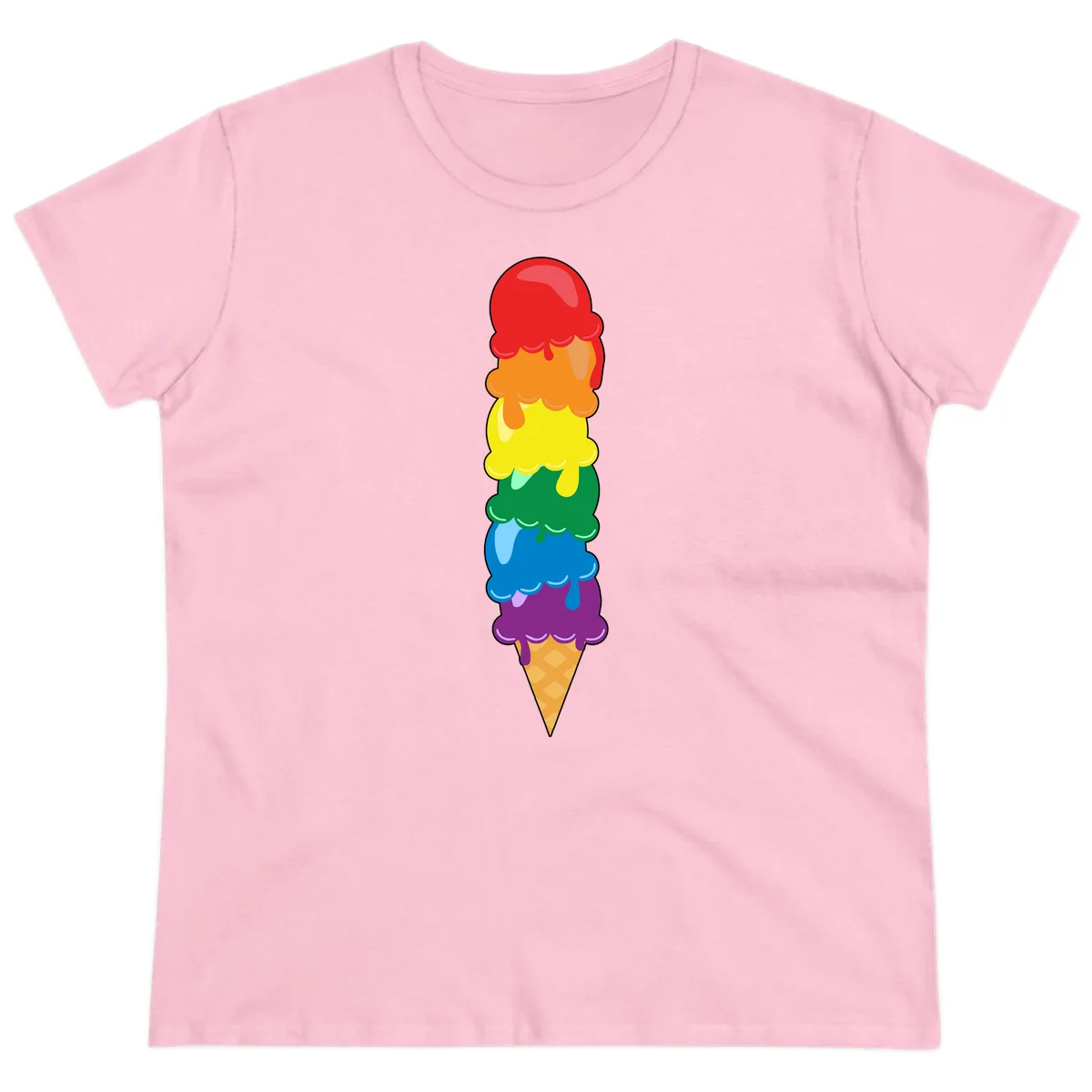 Colorful rainbow ice cream cone with six stacked scoops in pride flag colors dripping down a waffle cone in Light Pink