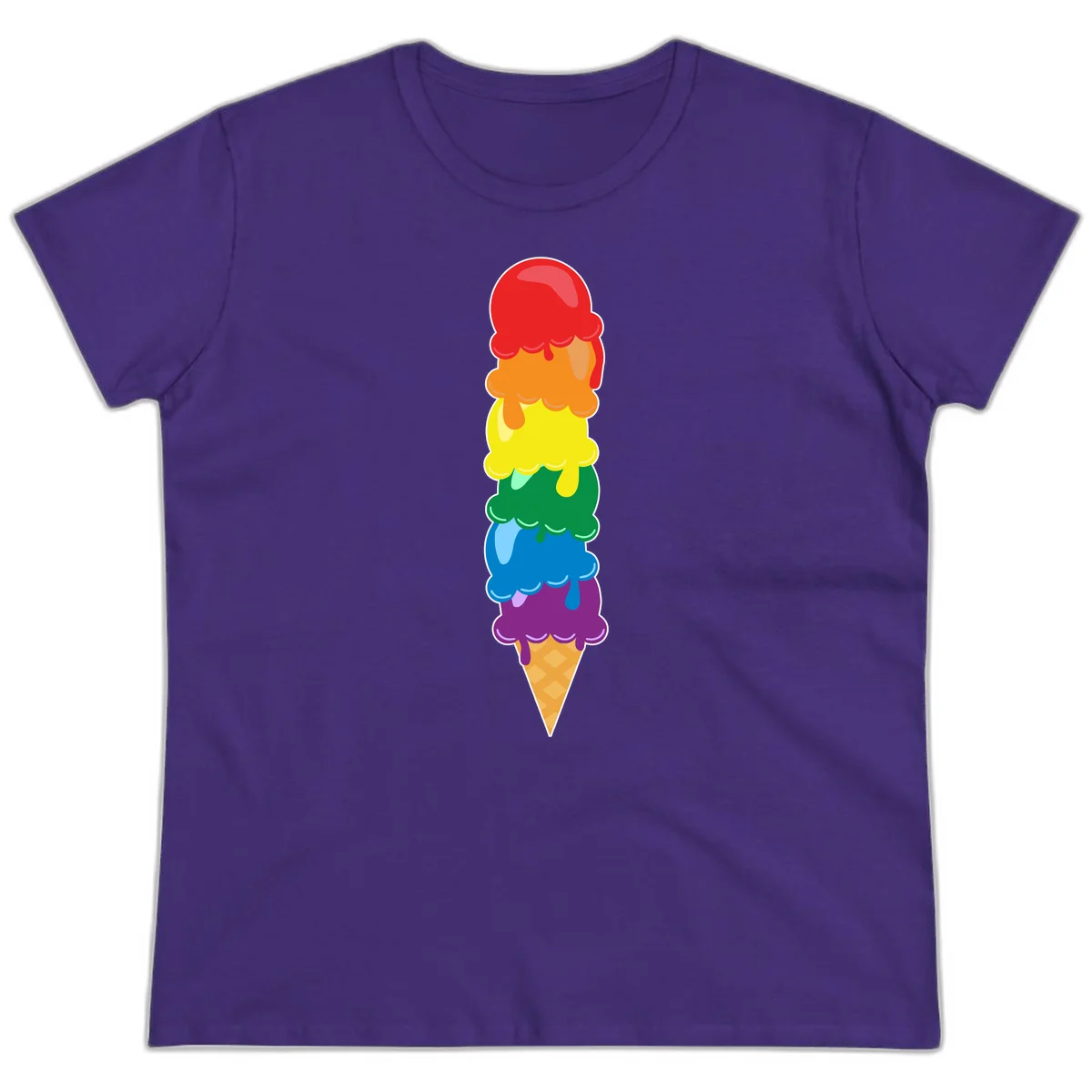 Colorful rainbow ice cream cone with six stacked scoops in pride flag colors dripping down a waffle cone in Purple