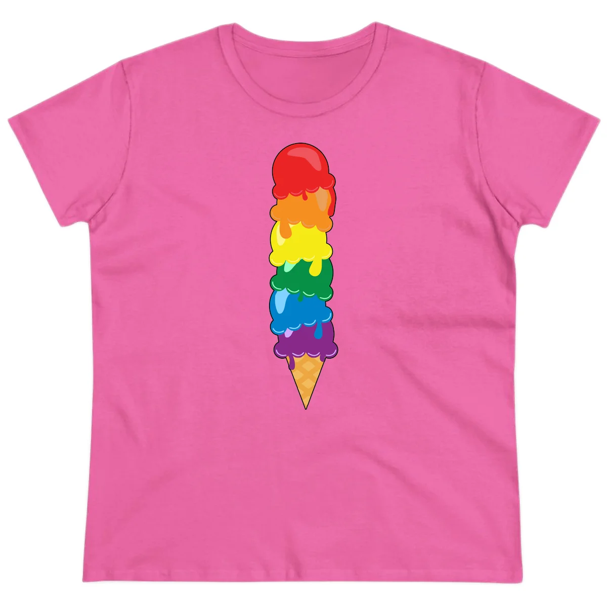Colorful rainbow ice cream cone with six stacked scoops in pride flag colors dripping down a waffle cone in Azalea