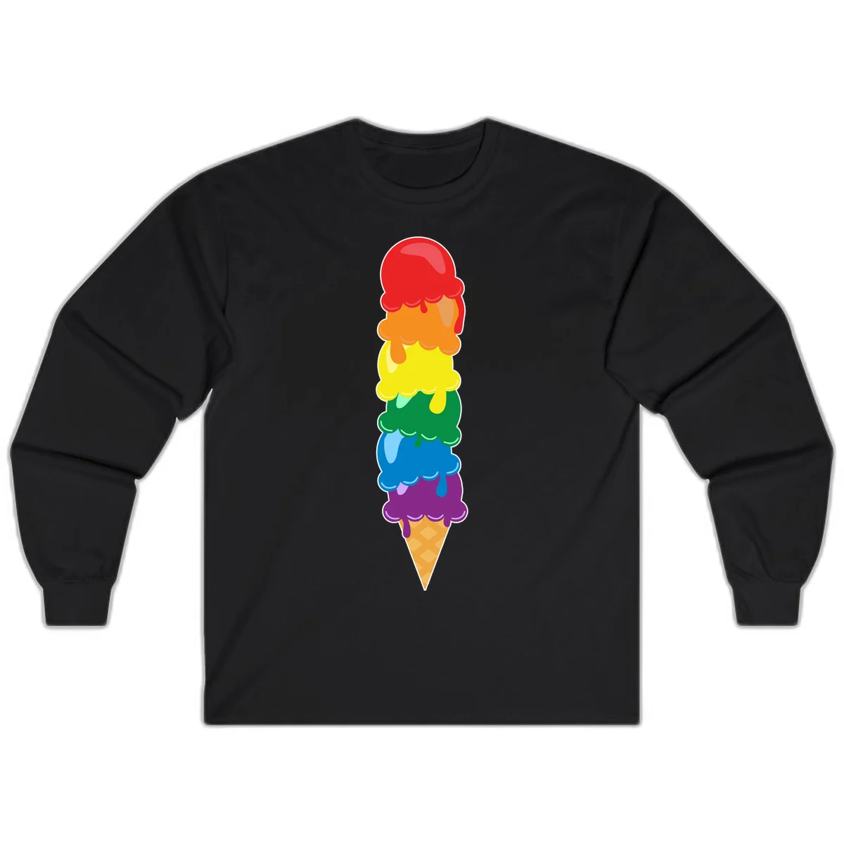Colorful rainbow ice cream cone with six stacked scoops in pride flag colors dripping down a waffle cone in Black