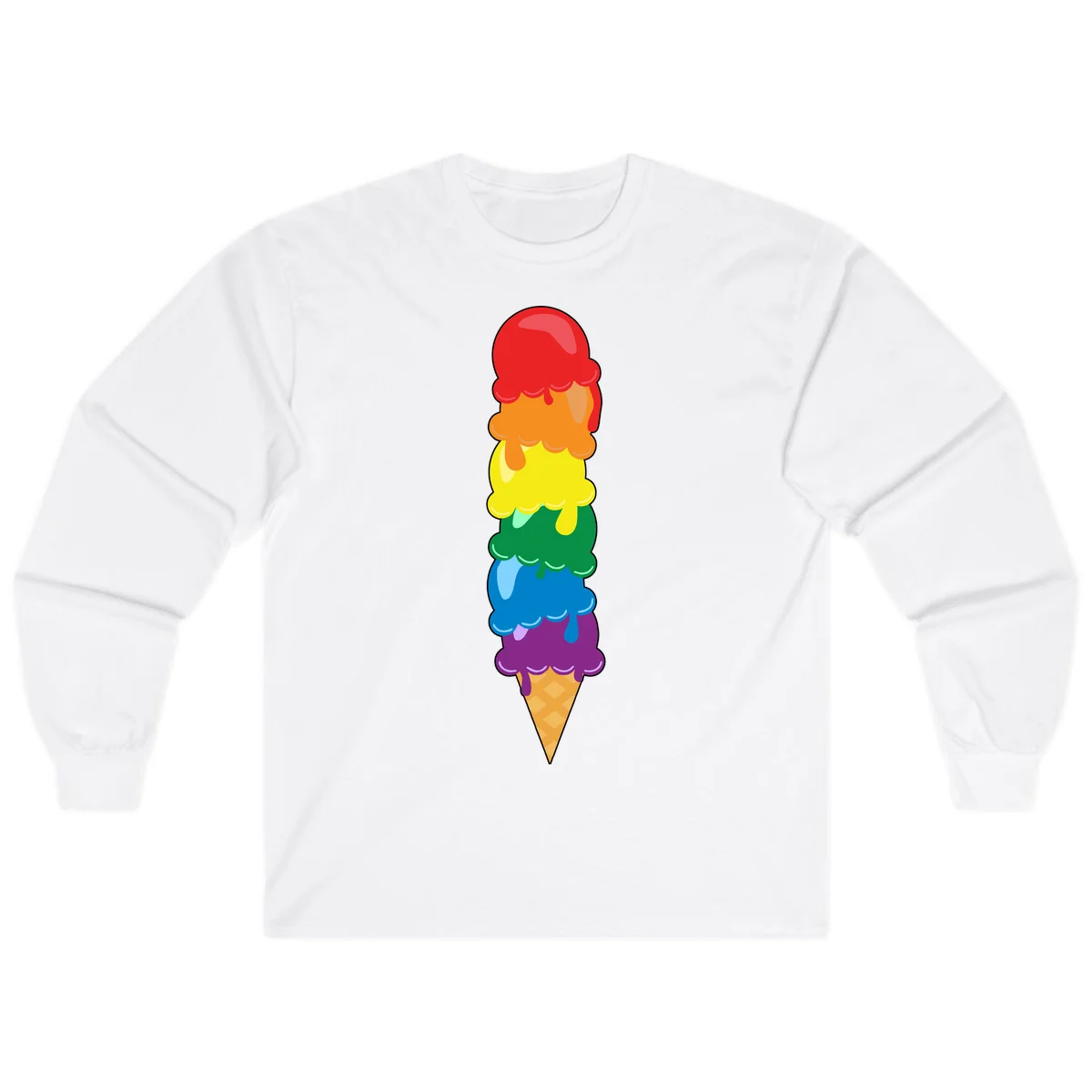 Colorful rainbow ice cream cone with six stacked scoops in pride flag colors dripping down a waffle cone in White