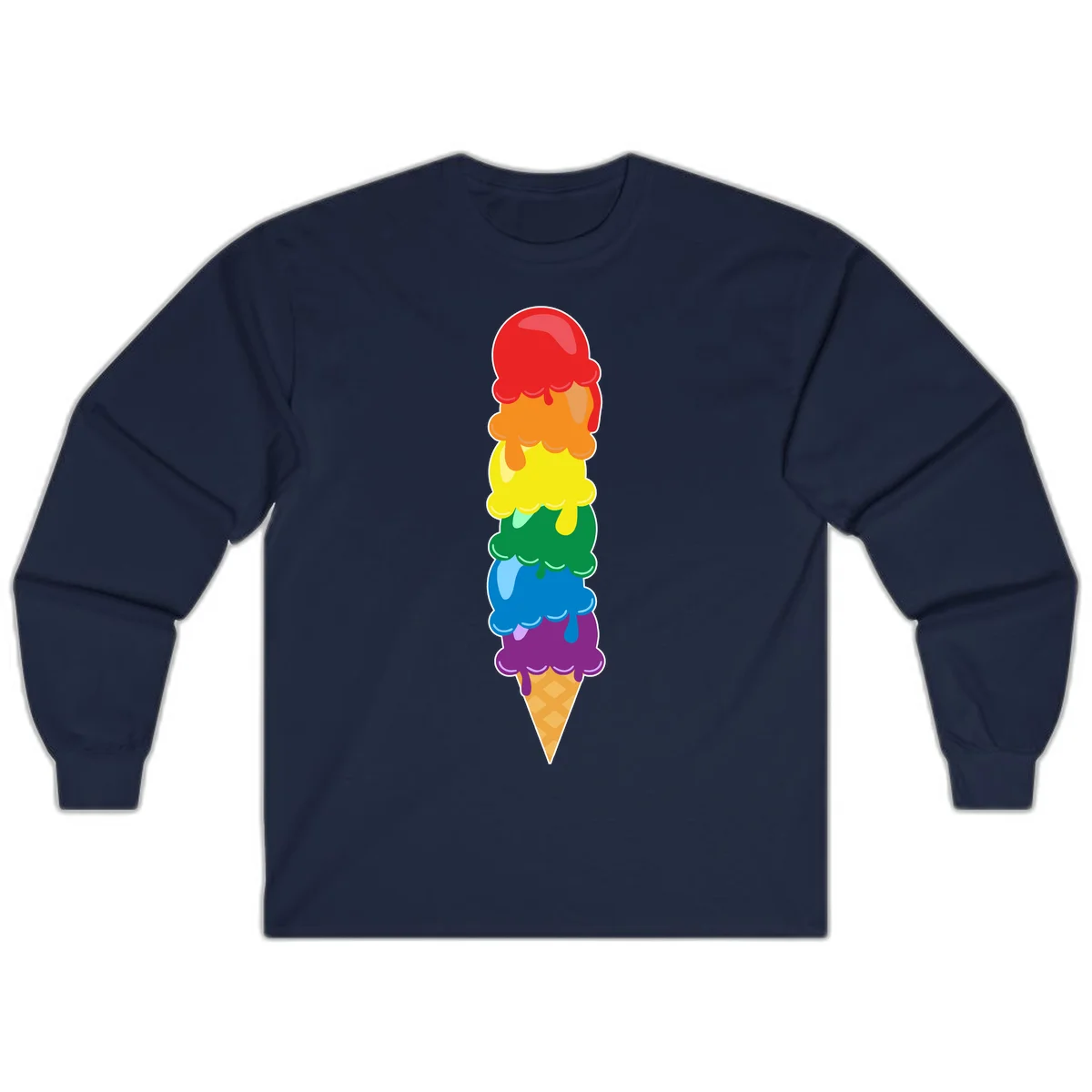 Colorful rainbow ice cream cone with six stacked scoops in pride flag colors dripping down a waffle cone in Navy