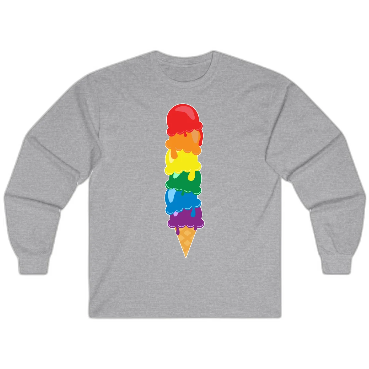 Colorful rainbow ice cream cone with six stacked scoops in pride flag colors dripping down a waffle cone in Sport Grey