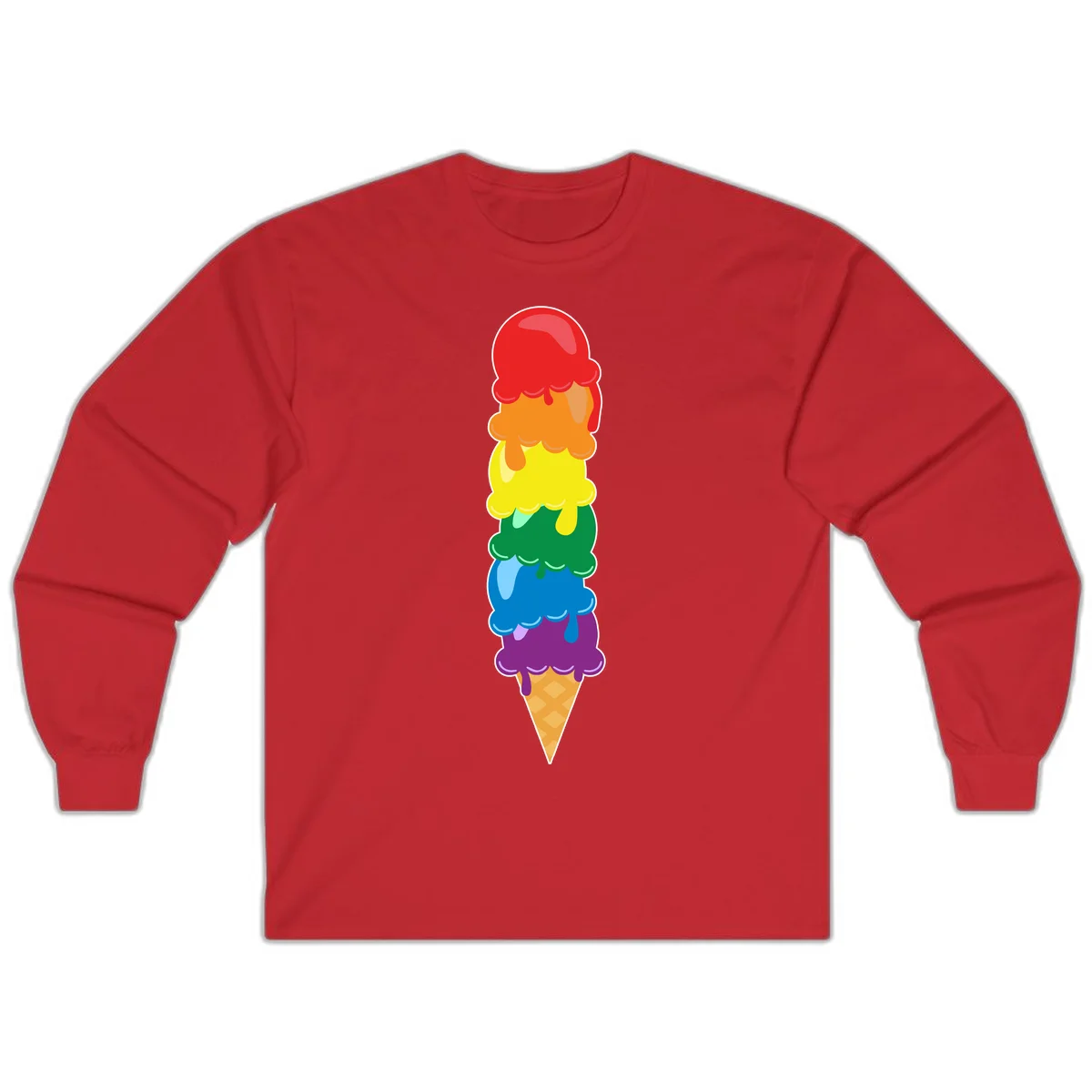 Colorful rainbow ice cream cone with six stacked scoops in pride flag colors dripping down a waffle cone in Red