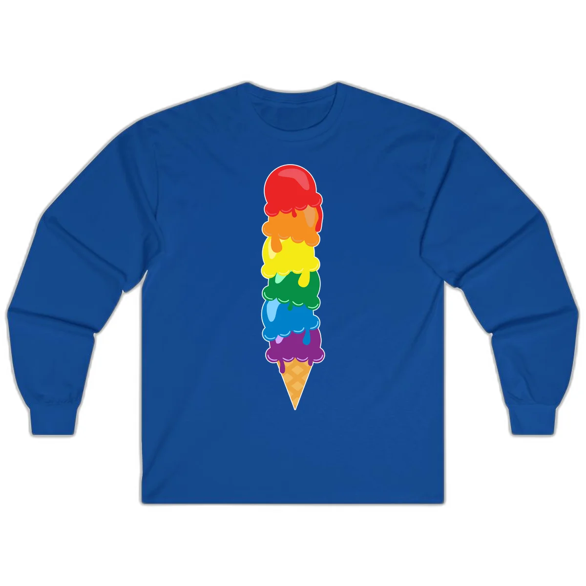 Colorful rainbow ice cream cone with six stacked scoops in pride flag colors dripping down a waffle cone in Royal