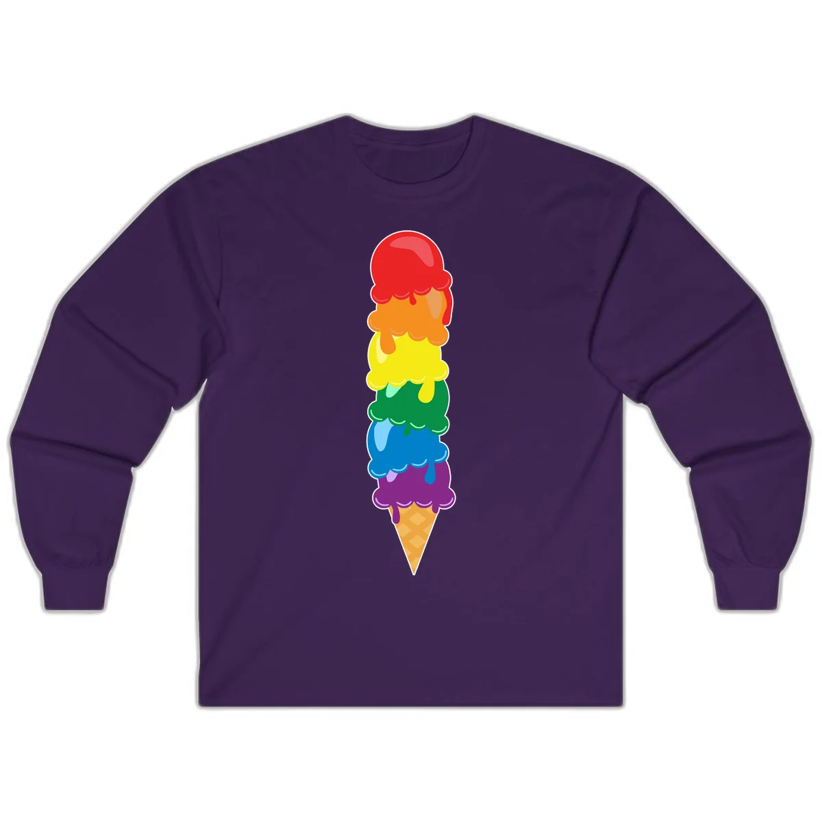 Colorful rainbow ice cream cone with six stacked scoops in pride flag colors dripping down a waffle cone in Purple