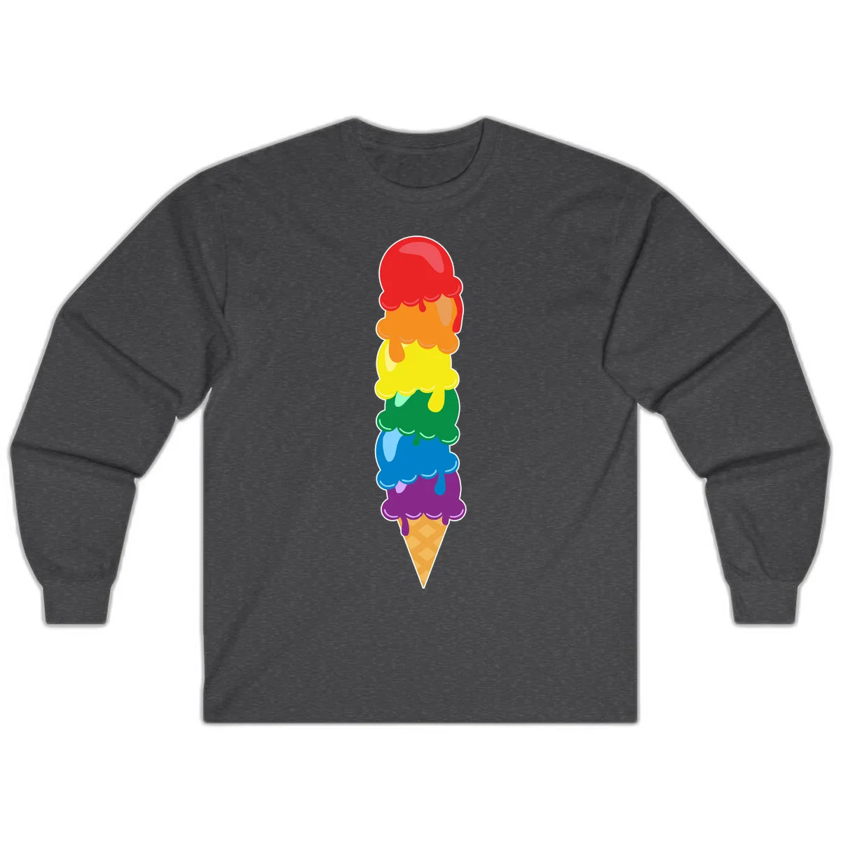 Colorful rainbow ice cream cone with six stacked scoops in pride flag colors dripping down a waffle cone in Dark Heather