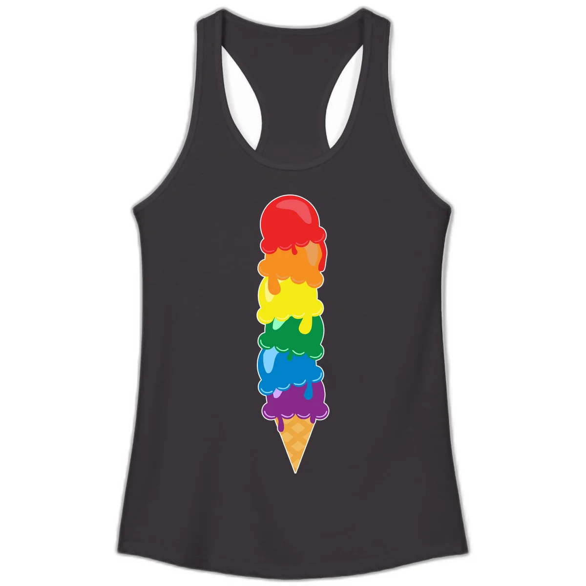 Colorful rainbow ice cream cone with six stacked scoops in pride flag colors dripping down a waffle cone in Black