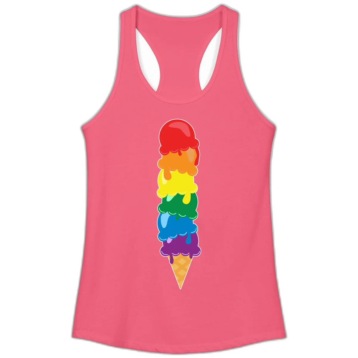 Colorful rainbow ice cream cone with six stacked scoops in pride flag colors dripping down a waffle cone in Hot Pink