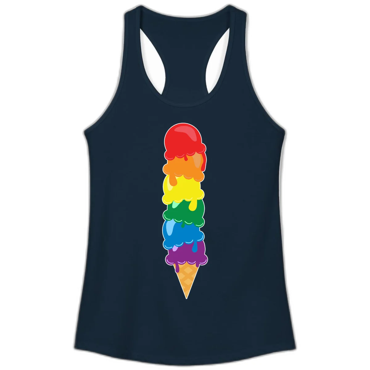 Colorful rainbow ice cream cone with six stacked scoops in pride flag colors dripping down a waffle cone in Solid Midnight Navy