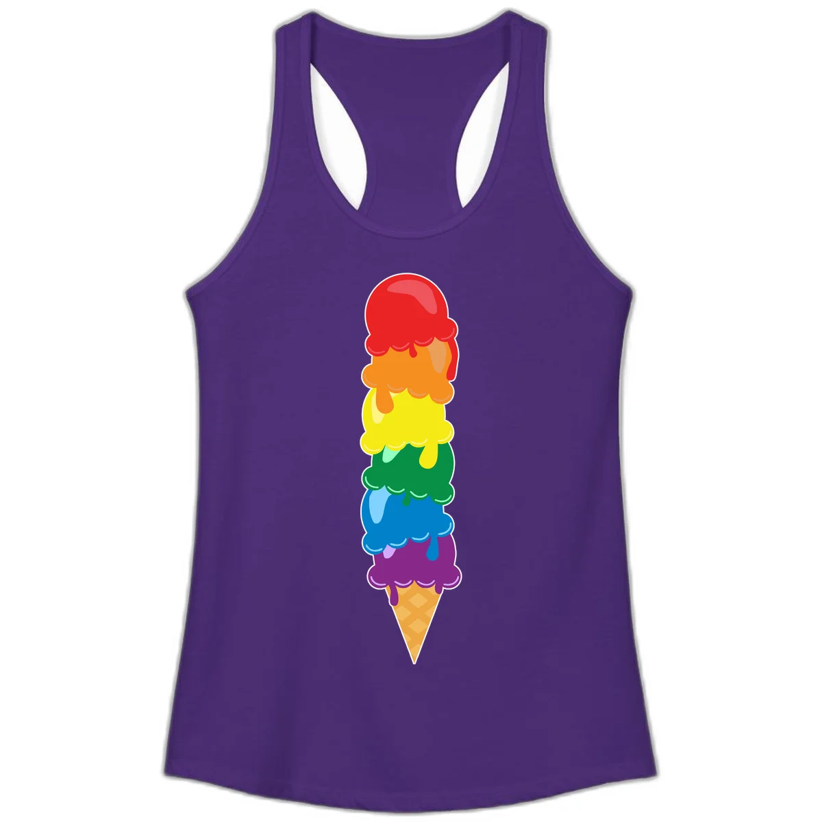 Colorful rainbow ice cream cone with six stacked scoops in pride flag colors dripping down a waffle cone in Solid Purple Rush