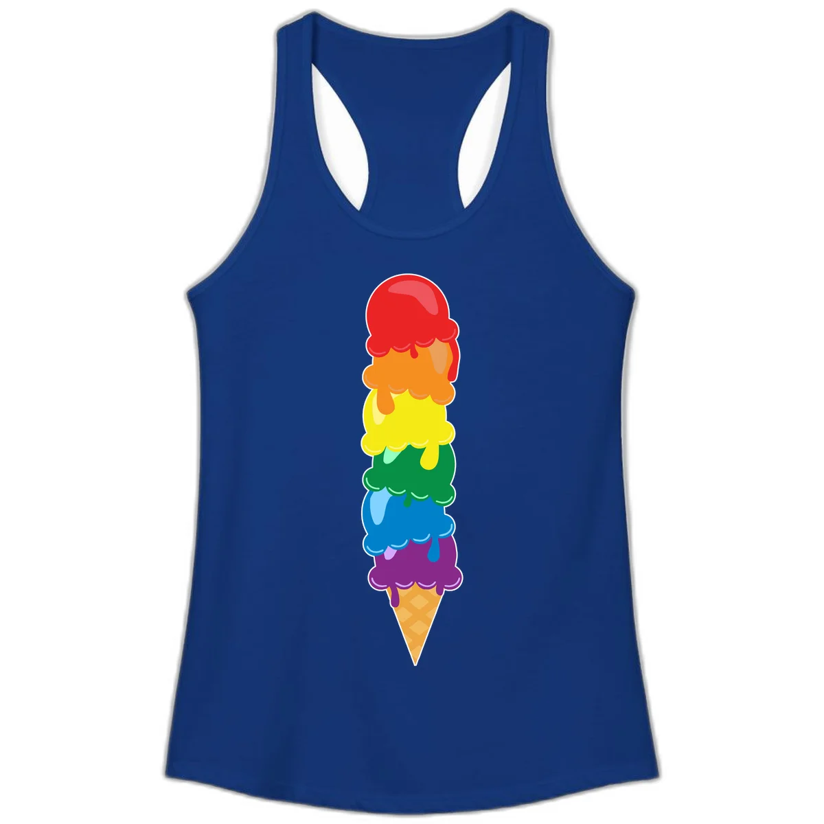 Colorful rainbow ice cream cone with six stacked scoops in pride flag colors dripping down a waffle cone in Solid Royal