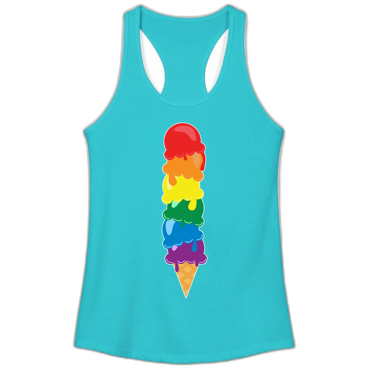 Colorful rainbow ice cream cone with six stacked scoops in pride flag colors dripping down a waffle cone in Solid Tahiti Blue