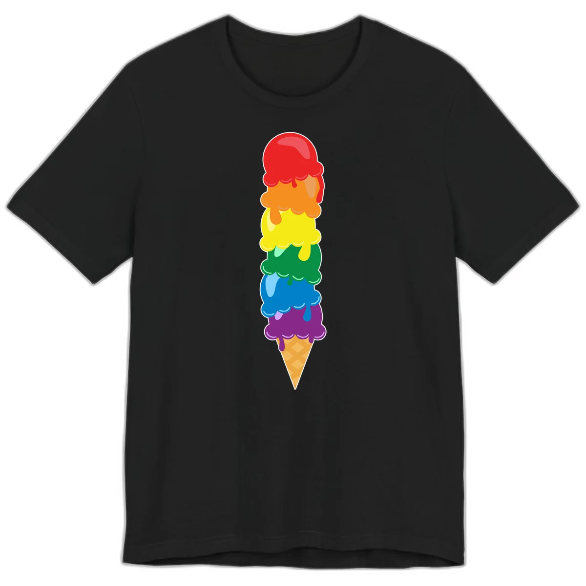 Colorful rainbow ice cream cone with six stacked scoops in pride flag colors dripping down a waffle cone in Black