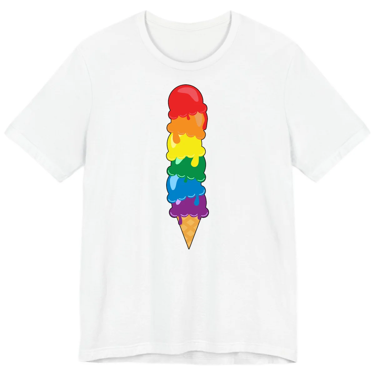 Colorful rainbow ice cream cone with six stacked scoops in pride flag colors dripping down a waffle cone in White
