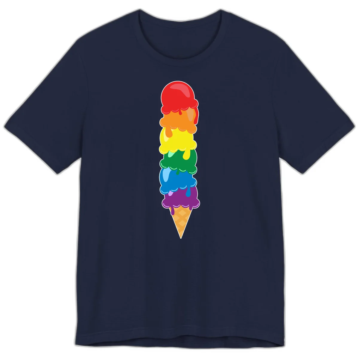 Colorful rainbow ice cream cone with six stacked scoops in pride flag colors dripping down a waffle cone in Navy