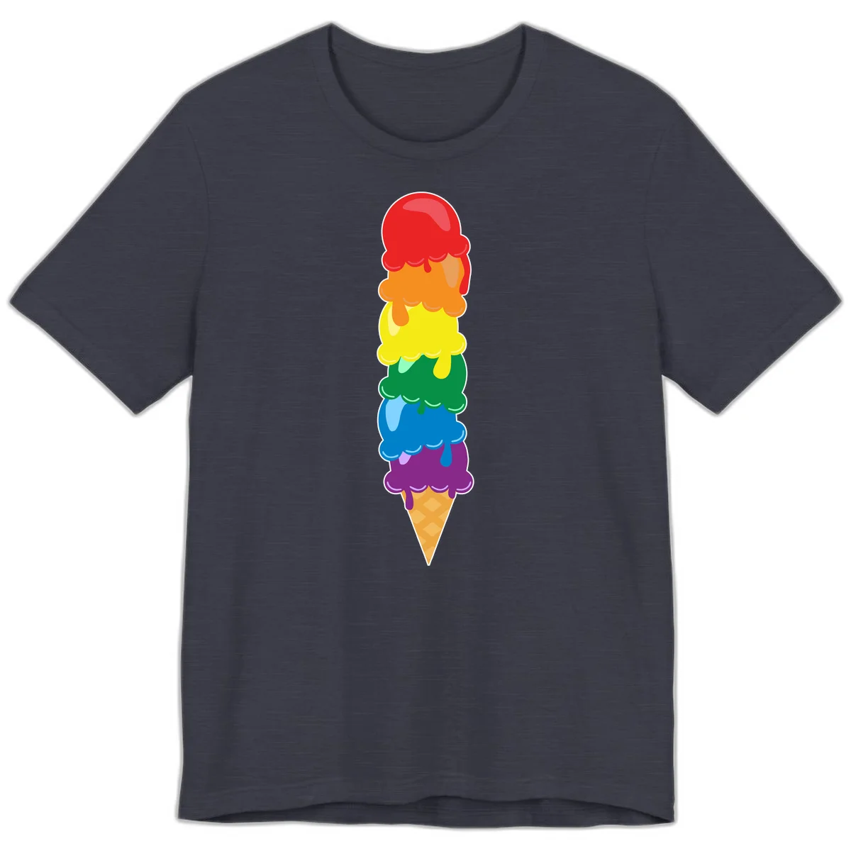 Colorful rainbow ice cream cone with six stacked scoops in pride flag colors dripping down a waffle cone in Heather Midnight Navy