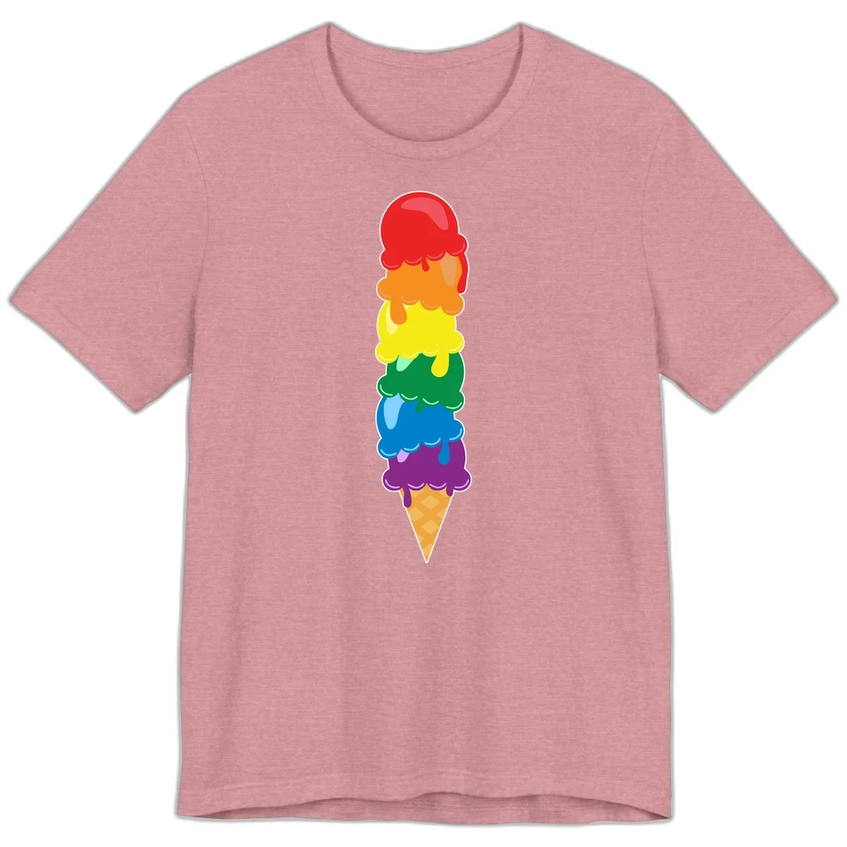 Colorful rainbow ice cream cone with six stacked scoops in pride flag colors dripping down a waffle cone in Heather Orchid