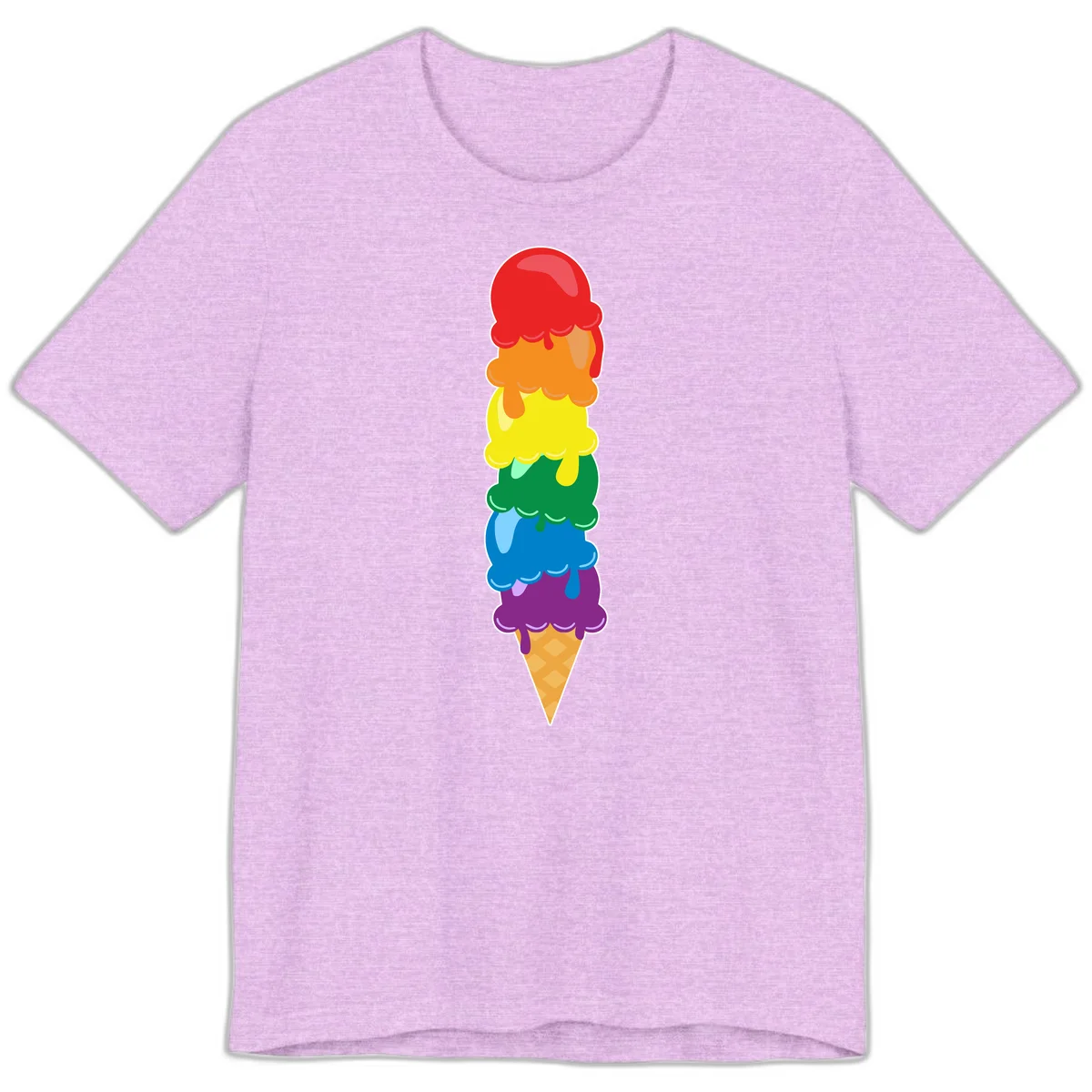Colorful rainbow ice cream cone with six stacked scoops in pride flag colors dripping down a waffle cone in Heather Prism Lilac