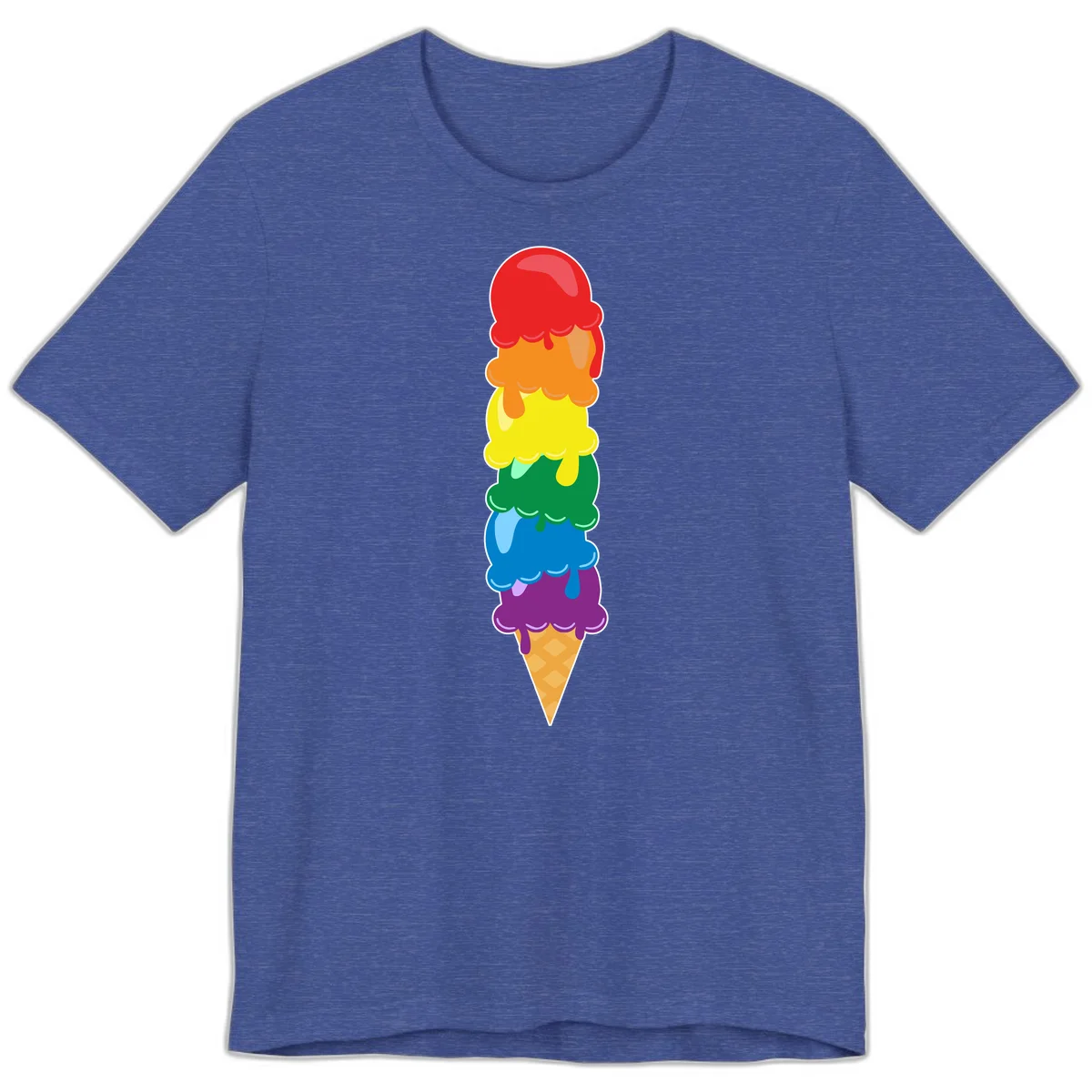 Colorful rainbow ice cream cone with six stacked scoops in pride flag colors dripping down a waffle cone in Heather True Royal