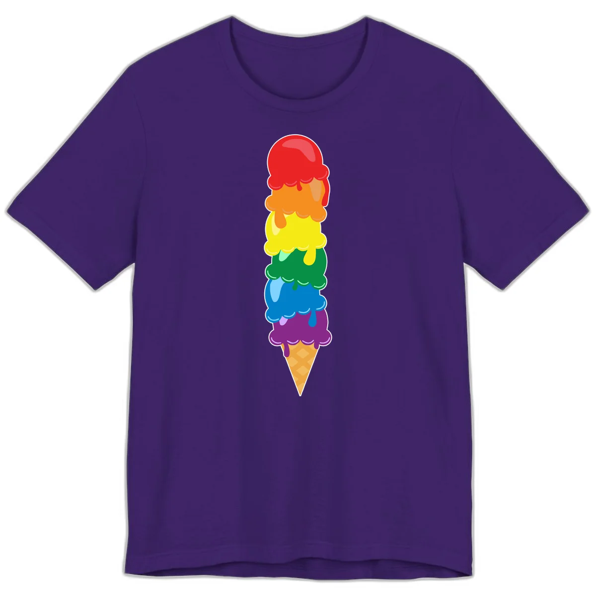 Colorful rainbow ice cream cone with six stacked scoops in pride flag colors dripping down a waffle cone in Team Purple