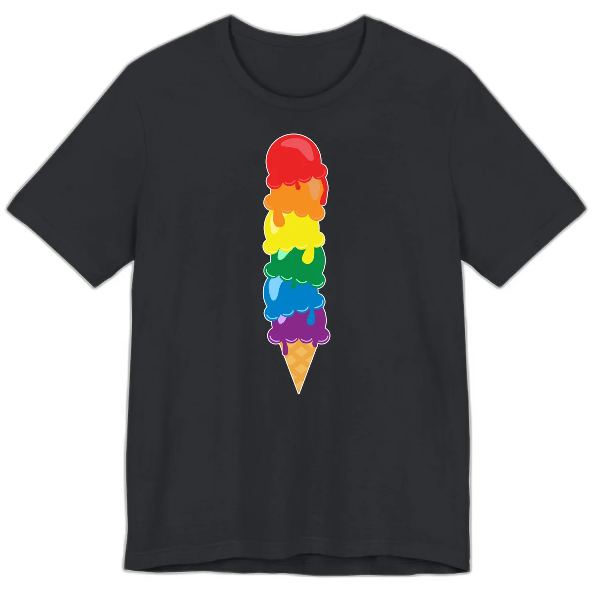 Colorful rainbow ice cream cone with six stacked scoops in pride flag colors dripping down a waffle cone in Vintage Black