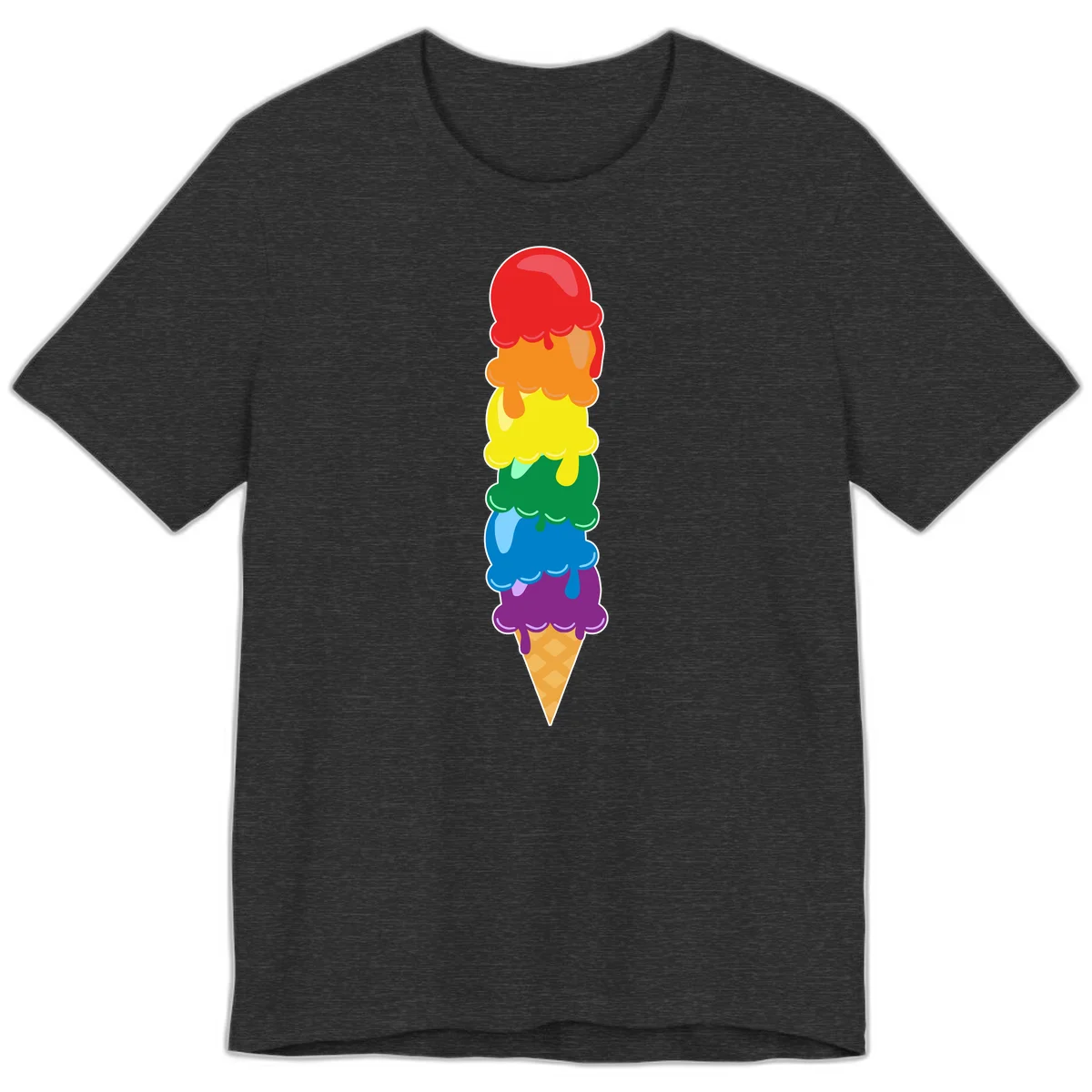 Colorful rainbow ice cream cone with six stacked scoops in pride flag colors dripping down a waffle cone in Dark Grey Heather
