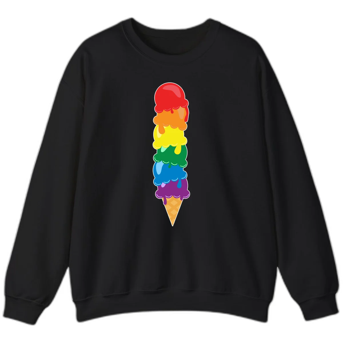 Colorful rainbow ice cream cone with six stacked scoops in pride flag colors dripping down a waffle cone in Black