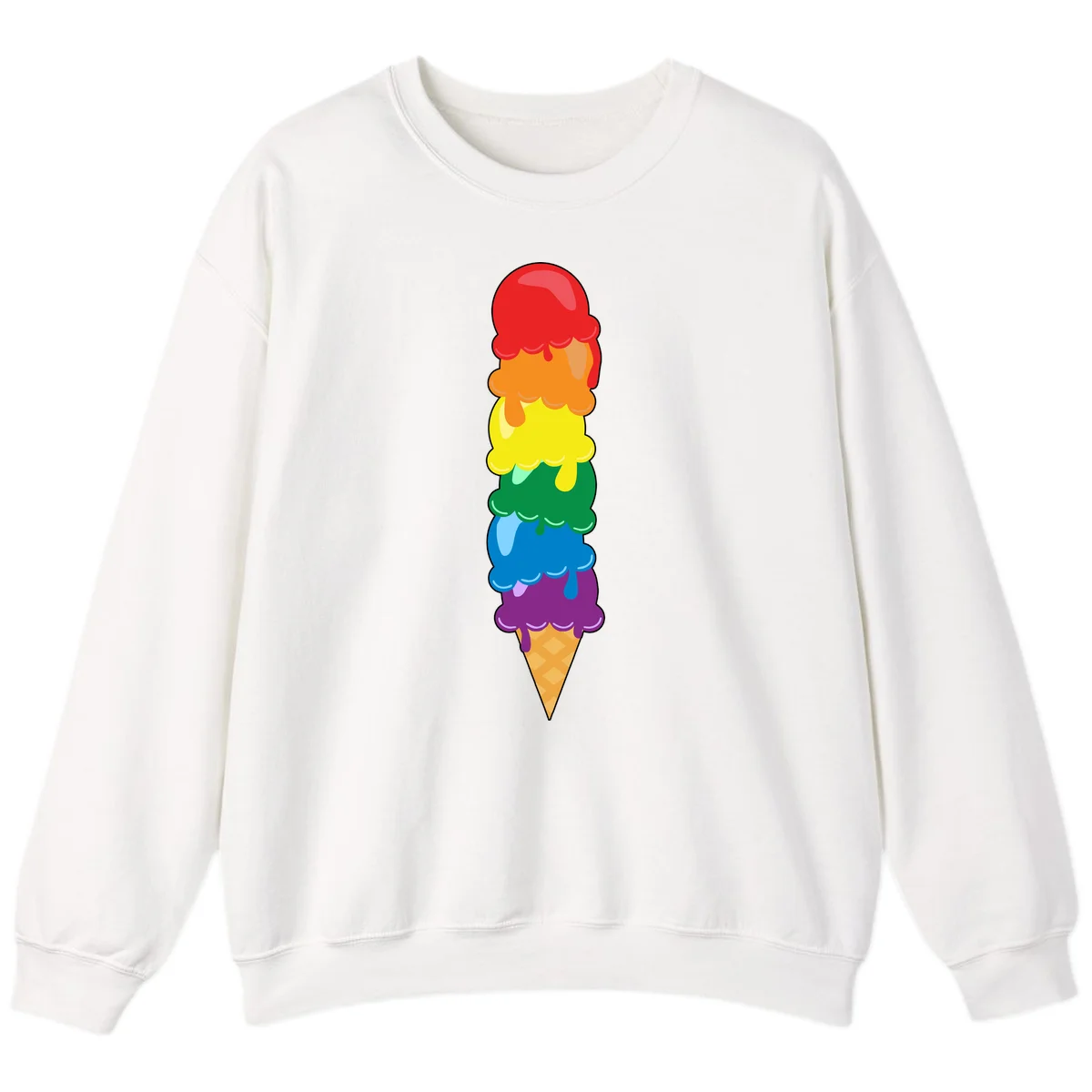 Colorful rainbow ice cream cone with six stacked scoops in pride flag colors dripping down a waffle cone in White