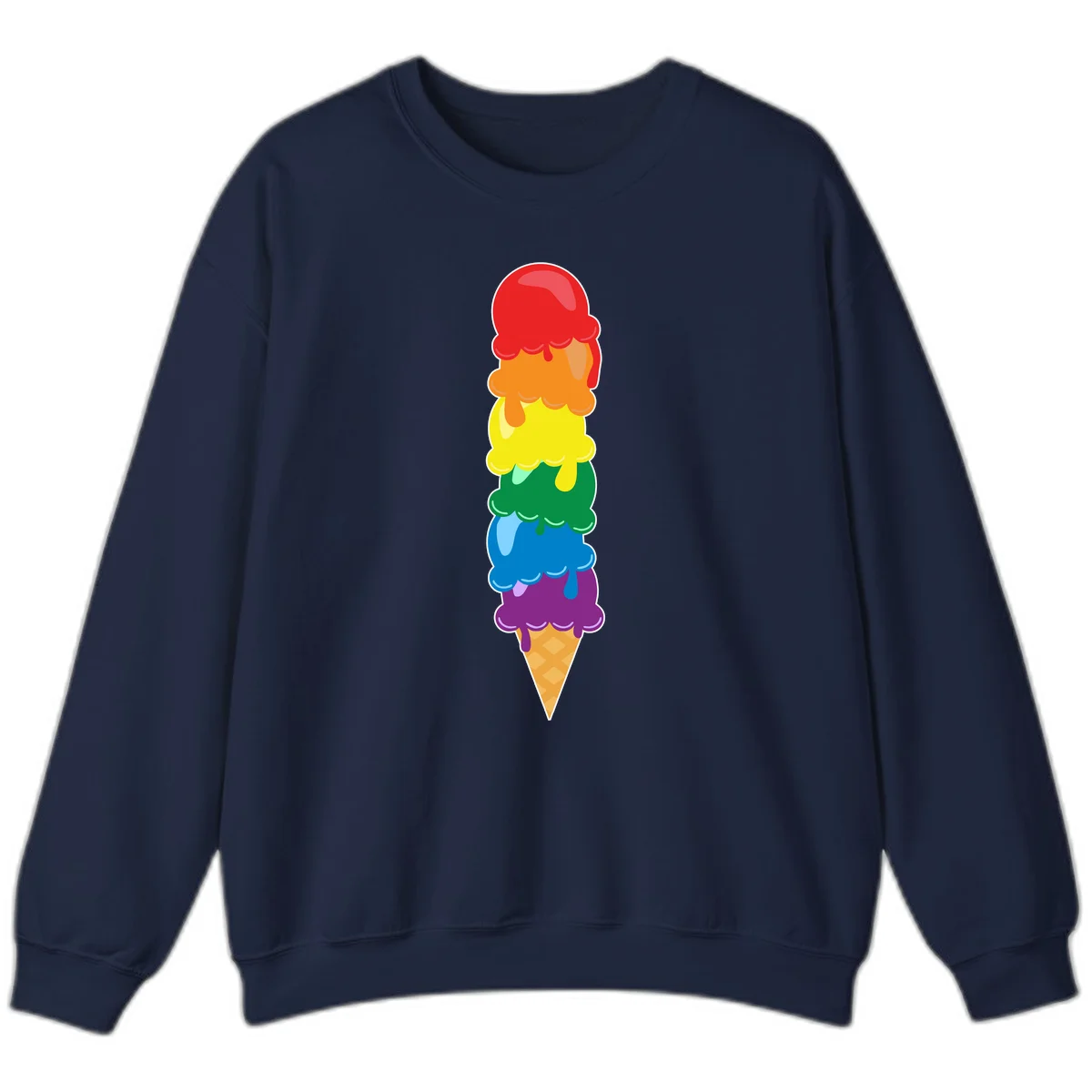 Colorful rainbow ice cream cone with six stacked scoops in pride flag colors dripping down a waffle cone in Navy