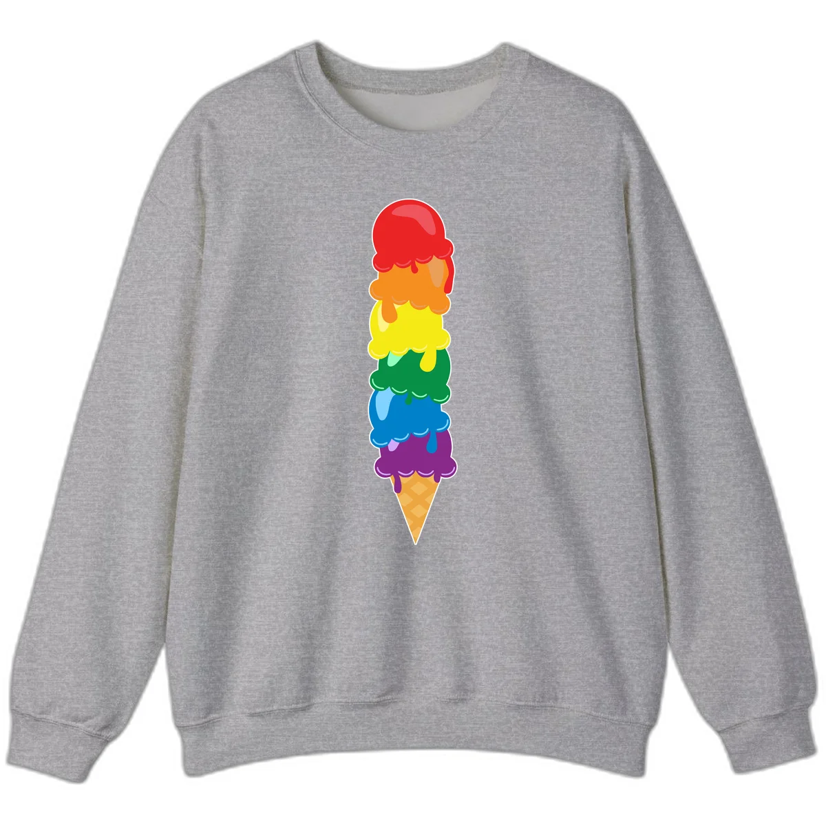 Colorful rainbow ice cream cone with six stacked scoops in pride flag colors dripping down a waffle cone in Sport Grey