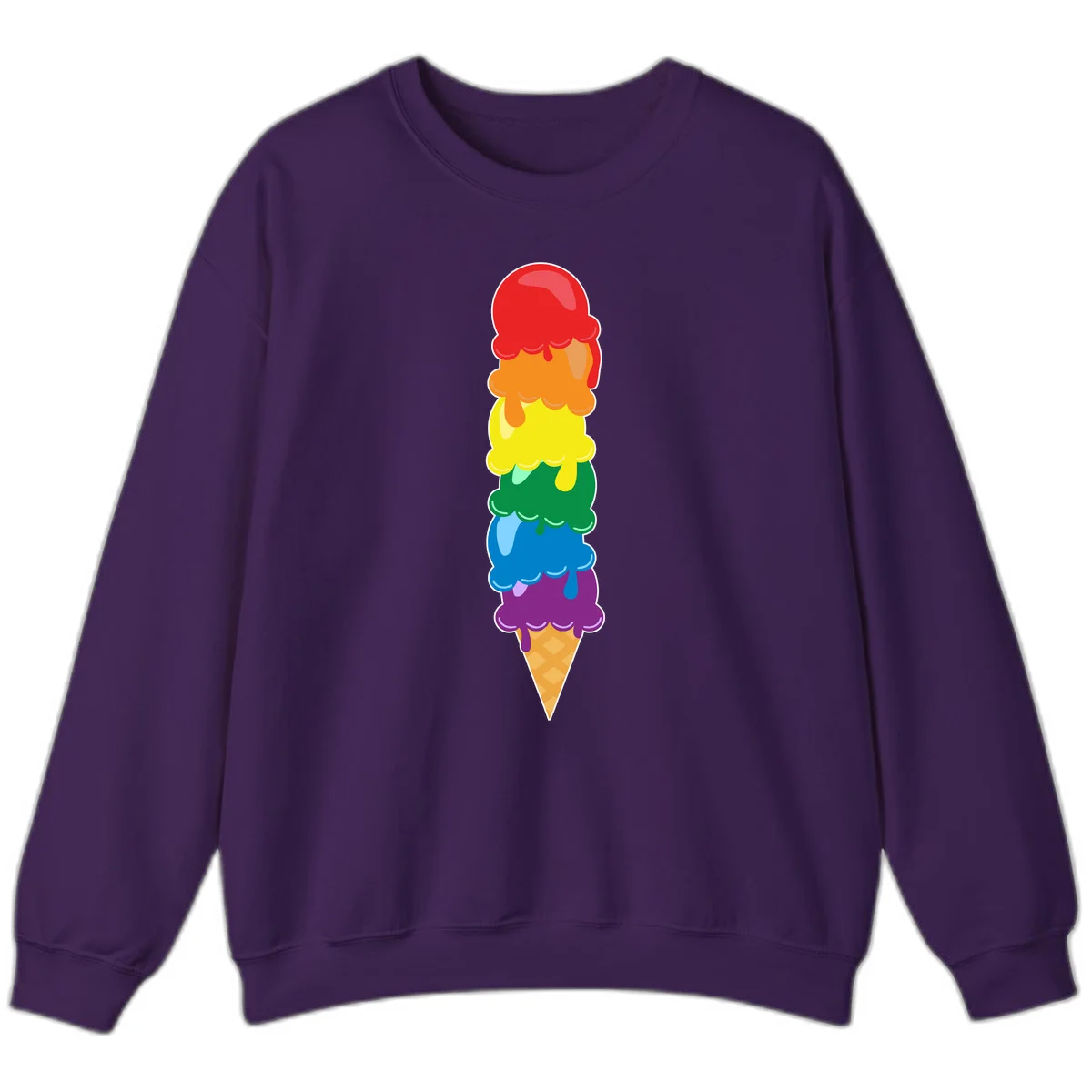 Colorful rainbow ice cream cone with six stacked scoops in pride flag colors dripping down a waffle cone in Purple
