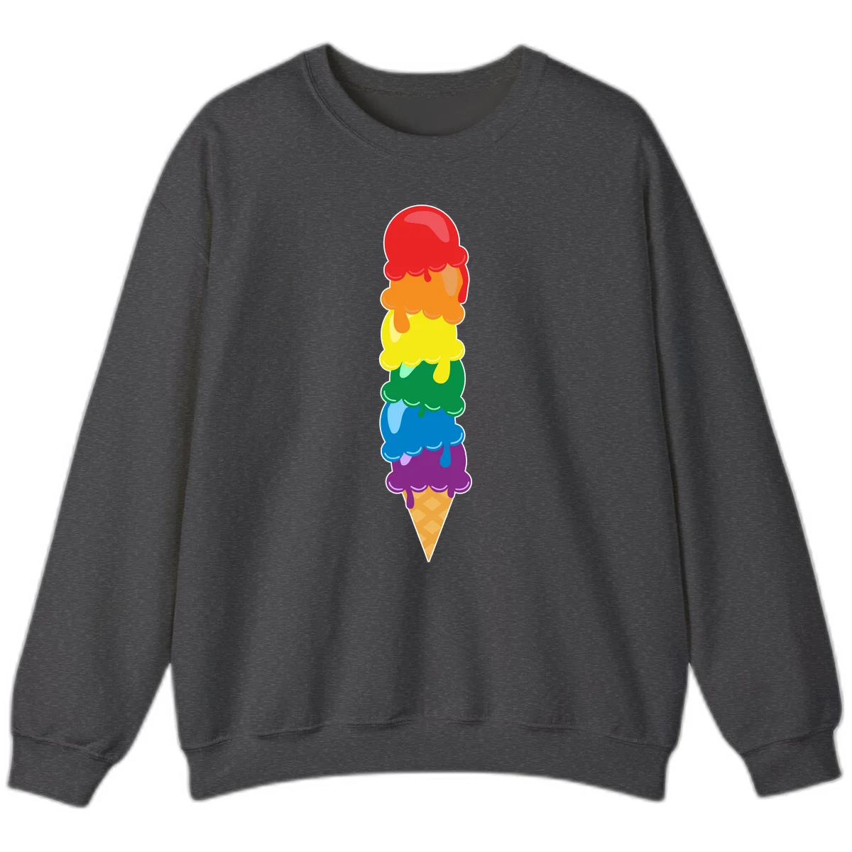 Colorful rainbow ice cream cone with six stacked scoops in pride flag colors dripping down a waffle cone in Dark Heather
