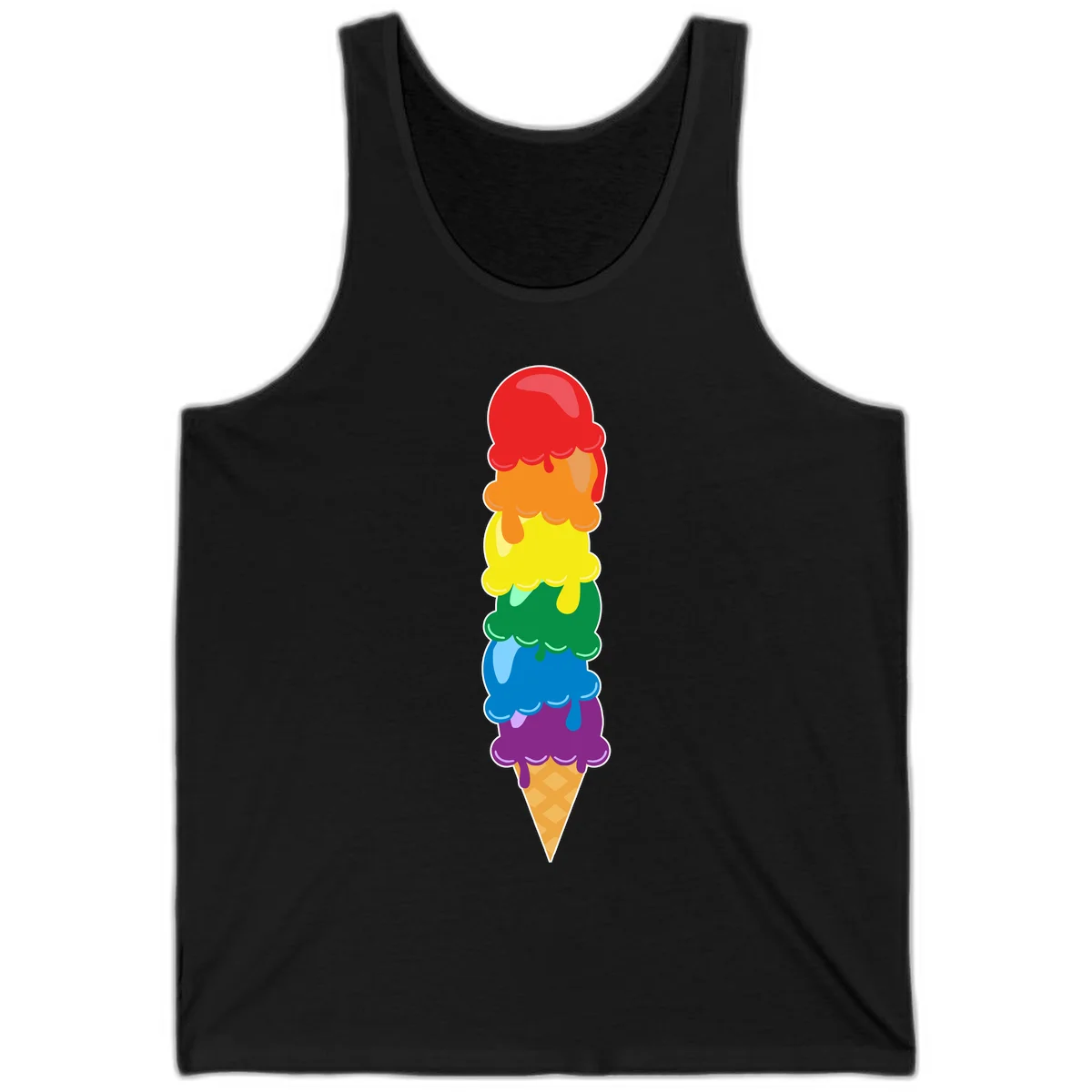 Colorful rainbow ice cream cone with six stacked scoops in pride flag colors dripping down a waffle cone in Black