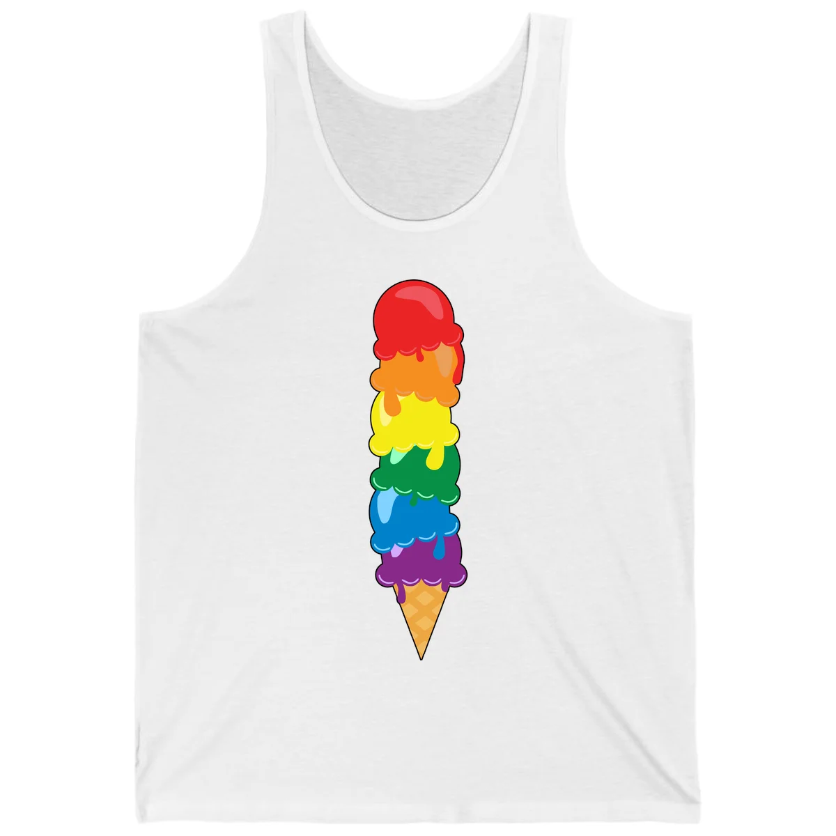 Colorful rainbow ice cream cone with six stacked scoops in pride flag colors dripping down a waffle cone in White