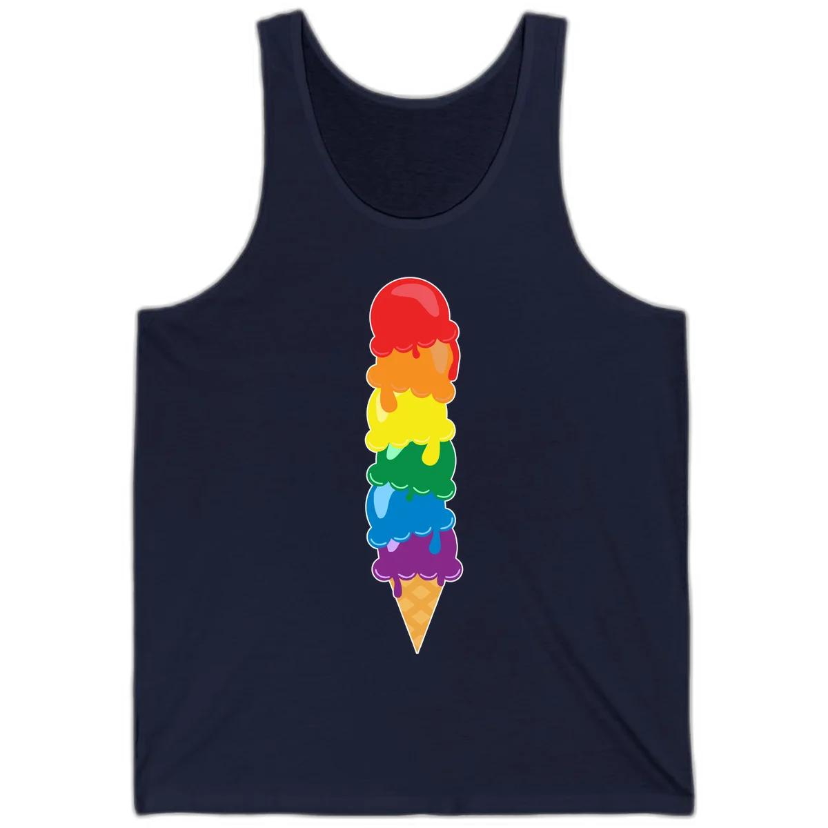 Colorful rainbow ice cream cone with six stacked scoops in pride flag colors dripping down a waffle cone in Navy