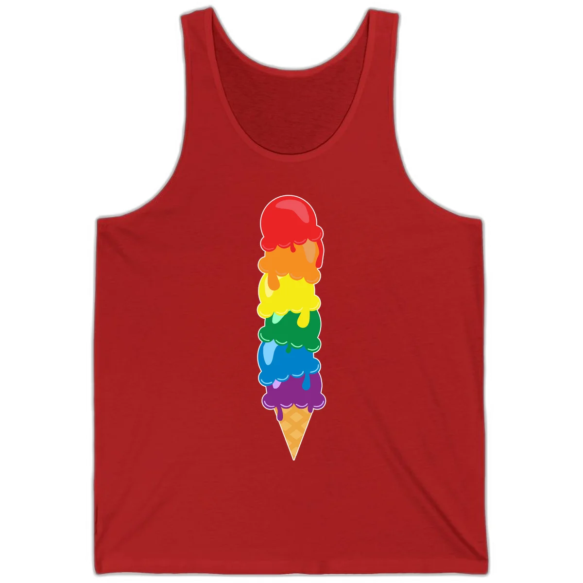 Colorful rainbow ice cream cone with six stacked scoops in pride flag colors dripping down a waffle cone in Red