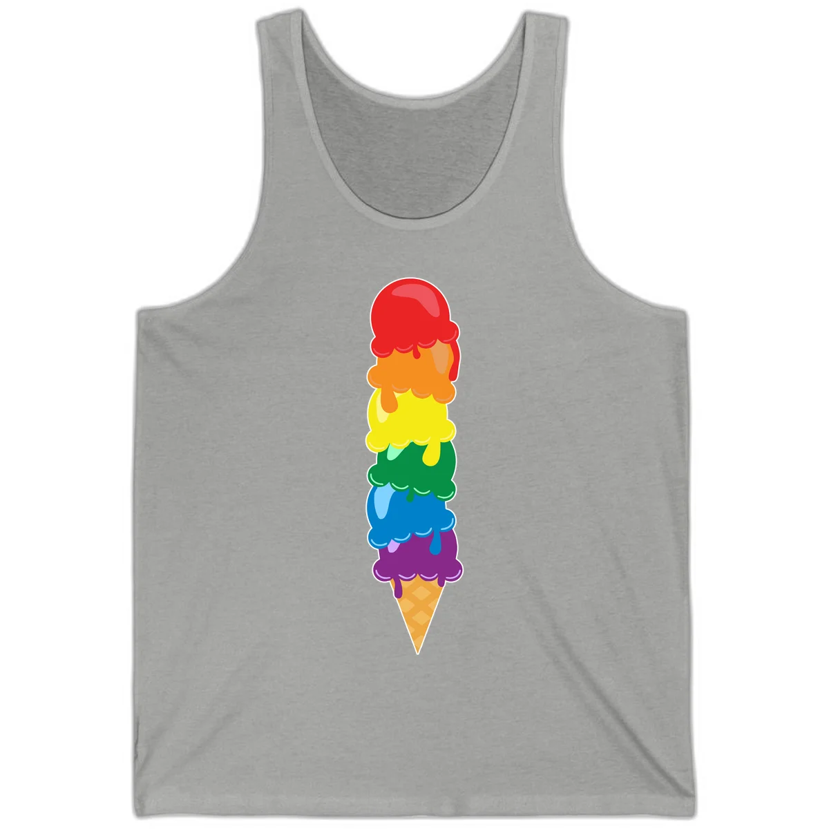 Colorful rainbow ice cream cone with six stacked scoops in pride flag colors dripping down a waffle cone in Athletic Heather