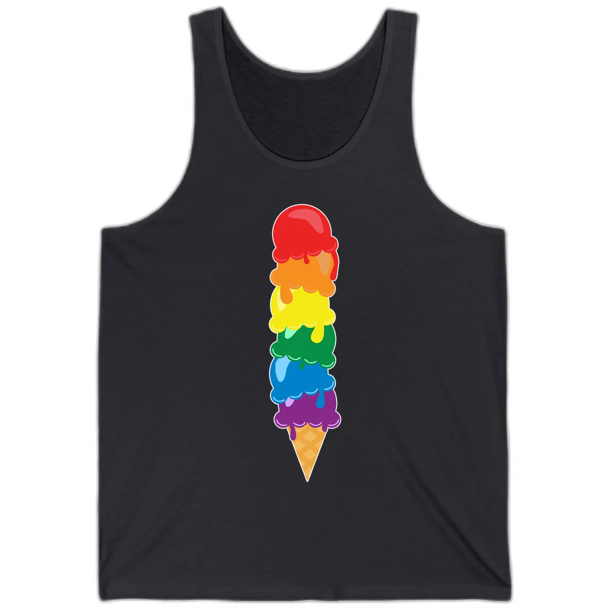 Colorful rainbow ice cream cone with six stacked scoops in pride flag colors dripping down a waffle cone in Dark Grey