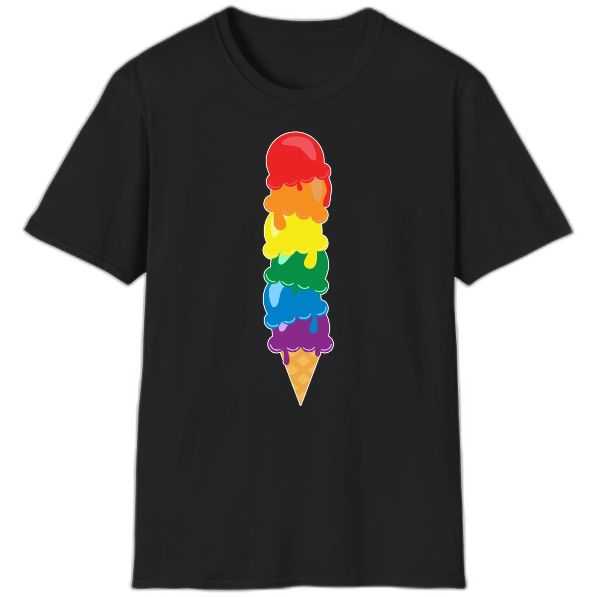 Colorful rainbow ice cream cone with six stacked scoops in pride flag colors dripping down a waffle cone in Black