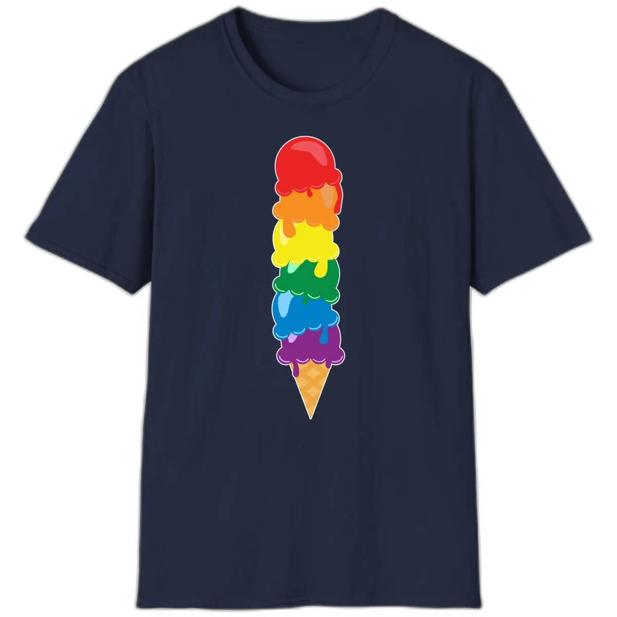 Colorful rainbow ice cream cone with six stacked scoops in pride flag colors dripping down a waffle cone in Navy