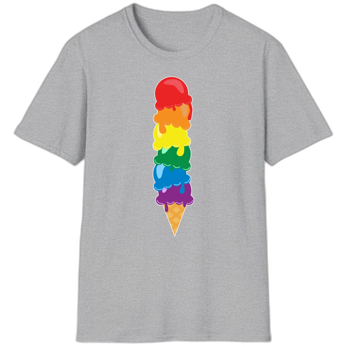 Colorful rainbow ice cream cone with six stacked scoops in pride flag colors dripping down a waffle cone in Sport Grey