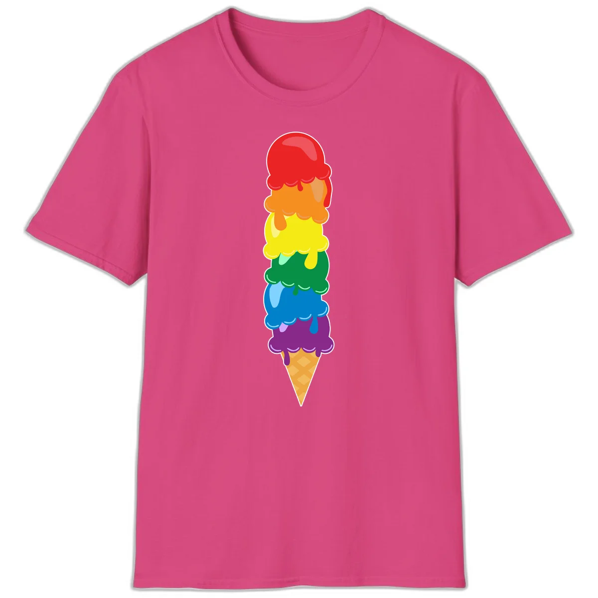 Colorful rainbow ice cream cone with six stacked scoops in pride flag colors dripping down a waffle cone in Heliconia