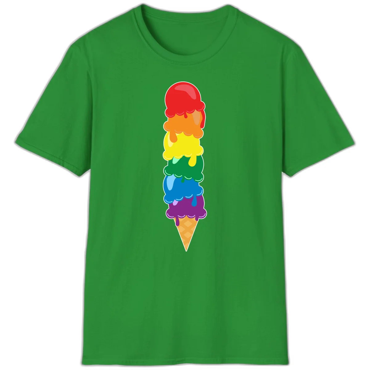 Colorful rainbow ice cream cone with six stacked scoops in pride flag colors dripping down a waffle cone in Irish Green