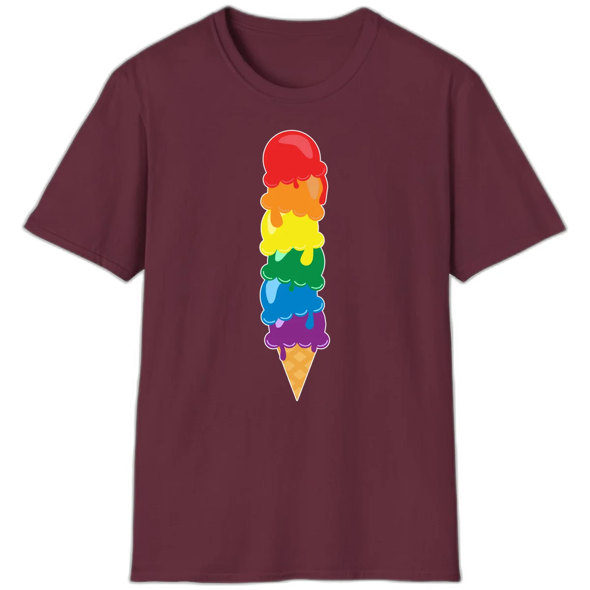 Colorful rainbow ice cream cone with six stacked scoops in pride flag colors dripping down a waffle cone in Maroon
